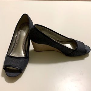 Easy Spirt 8.5 Navy Open Toe Sparkle Wedges